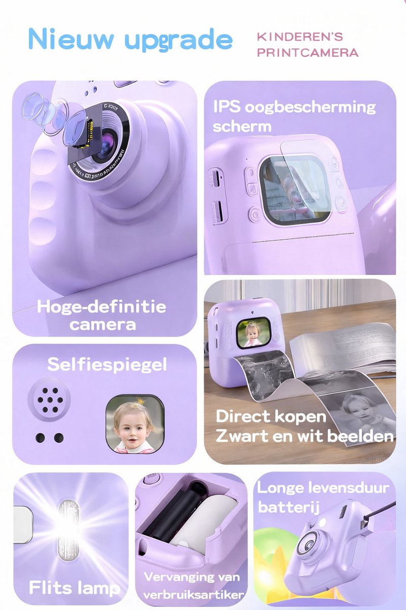 Jumalu Instant Camera – 2.4" HD Camera met Selfie Functie – 1080p – Inclusief 4 Rollen Fotopapier – Direct Print Camera voor Kinderen – Paars/Lila thumbnail 4