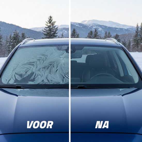 Voor en na gebruik van AutoFresh de-icer spray: een schone, ruit.