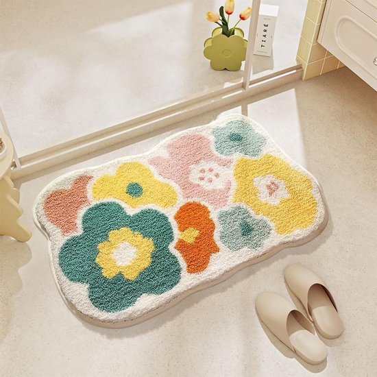Badkamermat met bloemenprint - Extra zacht en pluizig - Vloerkleed voor thuis - Bloemenprint - 40 x 60 cm - Gele bloemen
