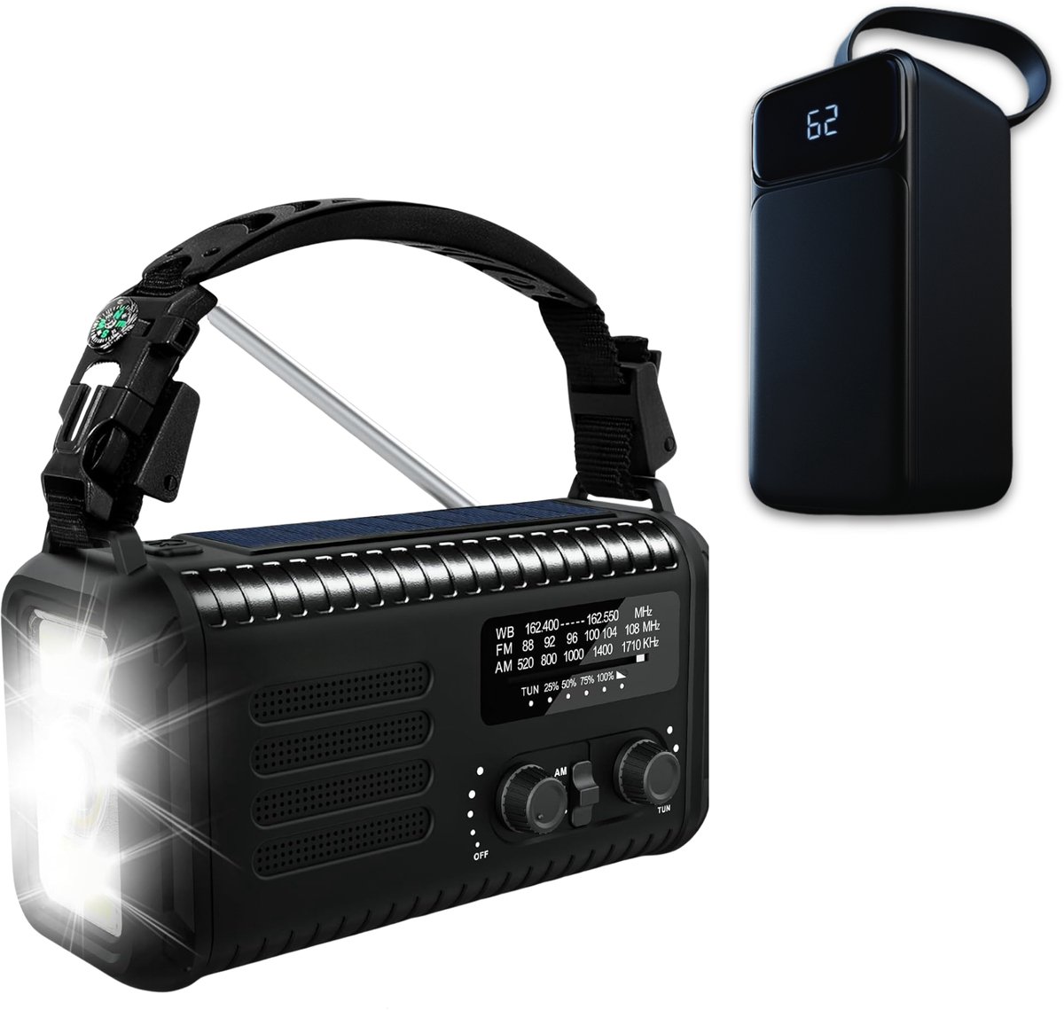 DreamGoods 20.000mAh Luxe Noodradio - Solar opwindbaar en op batterijen - 50.000mAh XXL powerbank - FM/AM - Noodpakket radio en powerbank - Nood radio - Draagbare noodradio - Opwindbaar en batterij - 72 uur Stroomuitval - Zonne energie - Handzwengel