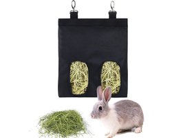 Konijnenvoerzak voor hooi - Hangende hooidispenser voor cavia's - Voer- en opbergzak voor kleine dieren - Geschikt voor konijnen, hamsters en andere kleine dieren - Zwart - 2 vensters