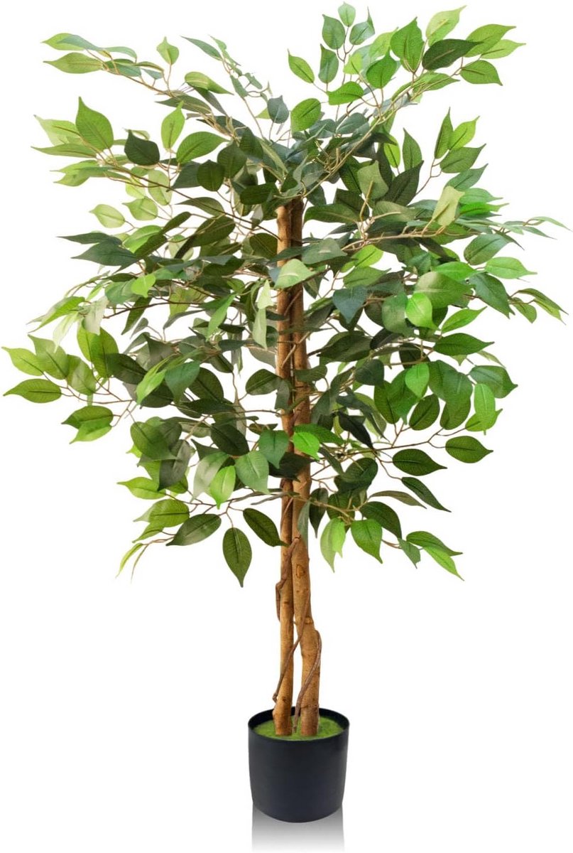 Kunststof Ficus Plant 120 cm - Met Gebogen Stel en Dichte Bladeren - Geschikt voor Binnen 