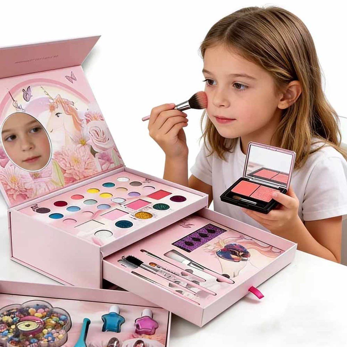 Meedeer 3 In 1 Make-upset voor kinderen-kinder make up meisje-make up kinderen set meisjes-veilige en niet-giftige cosmetica-speelgoedset, meisjes, kerstcadeau, verjaardag, 4,5,6,7...12 jaar