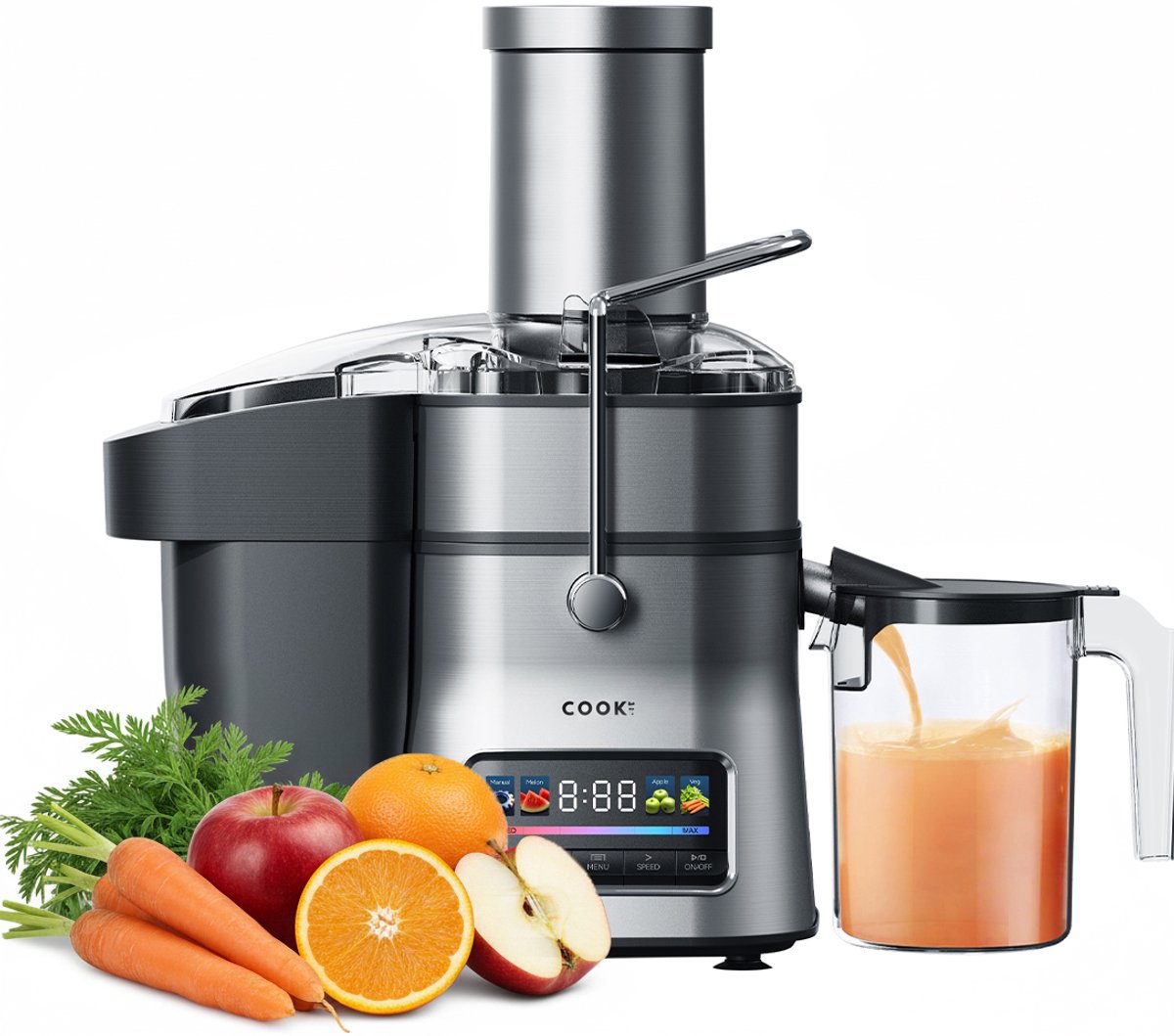 COOK-IT Sapcentrifuge PRO - Juicer met LED Display voor Groenten & Fruit - XXL Opening - 6 Snelheden - Ultra Filter - BPA Vrij - RvS