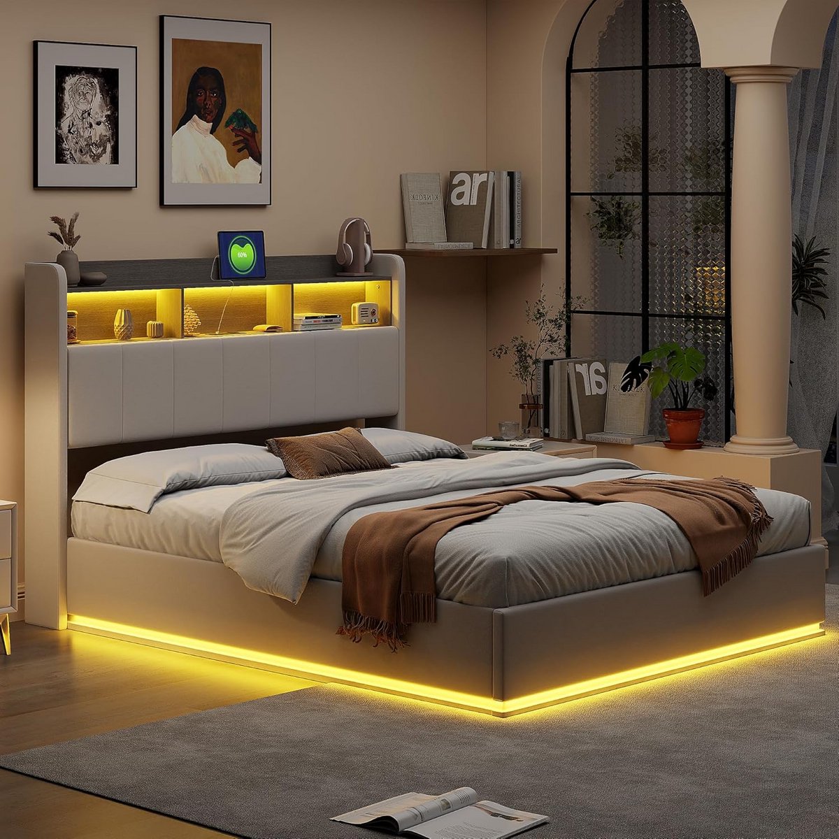 Tweepersoons Boxspring Bed 140x200 met Opbergruimte, Hoofdbord met USB & LED Verlichting