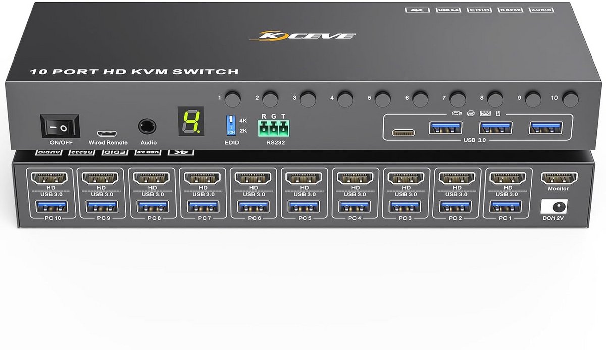 10-poorts HDMI KVM Switch - 4K@60Hz, USB 3.0, Deel 4 Apparaten & Monitor