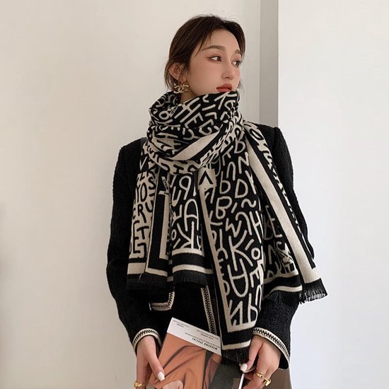 Écharpe femme | laine | écharpe chaude d'hiver | avec impression | Noir | beige | 190x80cm