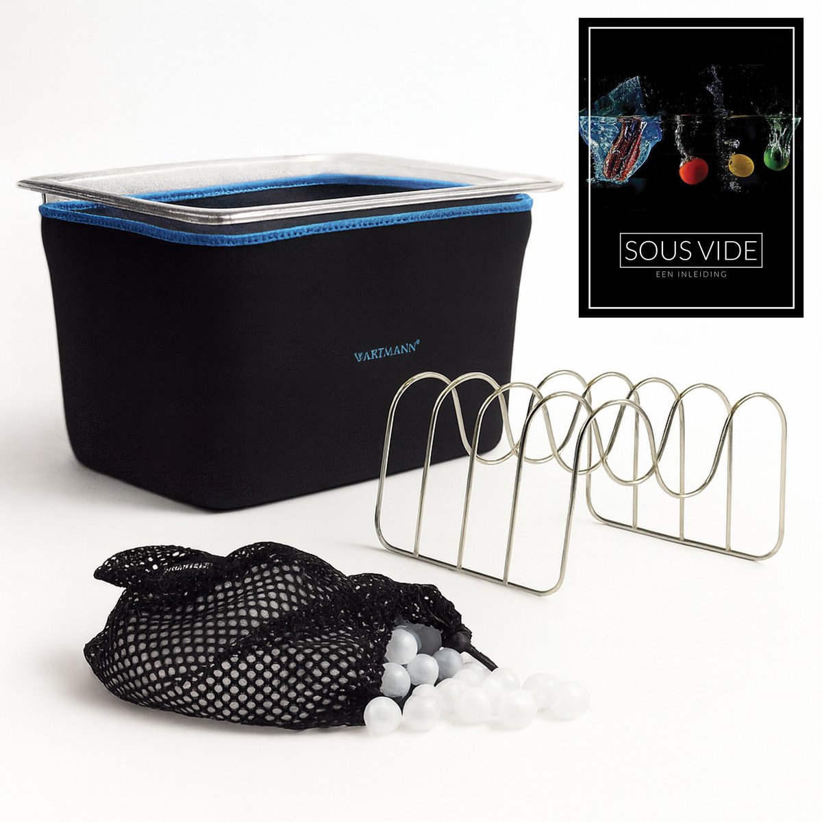 Wartmann Sous Vide Set - 12 Liter Waterbak van BPA Vrije Polycarbonaat - Neopreen Isolatiehoes - 200 Thermische Isolatieballen - RVS Rekje - Incl. Sous Vide Handboek - Duurzaam, Kostenbesparend en Vaatwasserbestendige Onderdelen