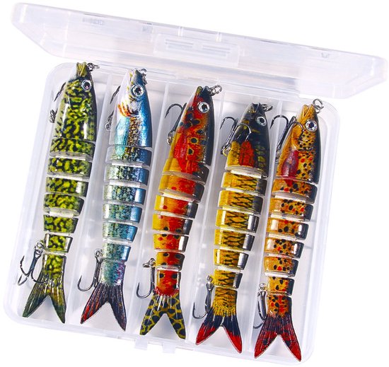 Kunstaas set met opbergdoos - Meergewrichtig snoekaas - Multi Jointed Swimbait - Pluggen met haak - Kunstaas - Jerkbaits - Crankbaits - Rubberen vis - Visaas - Zacht Kunstaas - Alle type roofvis - Visaas Zeevissen Set - 5 Stuks 13.4CM - Set D