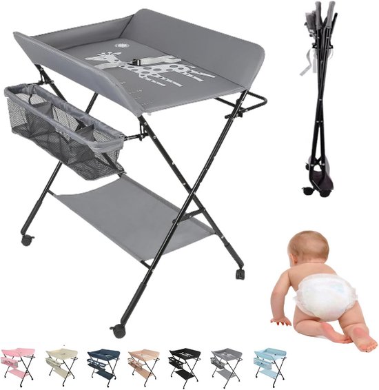 MUL-BOUTIQUE Luiertafel, inklapbaar, afneembare luiertafel met kleppen en opbergmand, draagbaar, in hoogte verstelbaar, voor baby's (beige, 80 x 66 x 98 cm