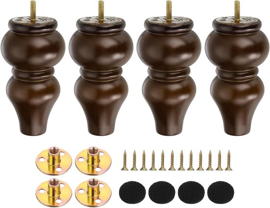 4-delige massief onafgewerkte gesneden houten meubelpoten, op grote schaal compatibele gedraaide poten, Europese stijl vervangende sofa bankstoel salontafel kastmeubilair houten poten (10 * 5cm