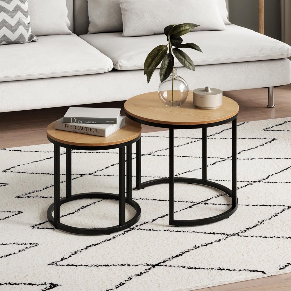 Set van 2 Ronde Salontafels Hout met Metalen Frame - Moderne Bijzettafel Set