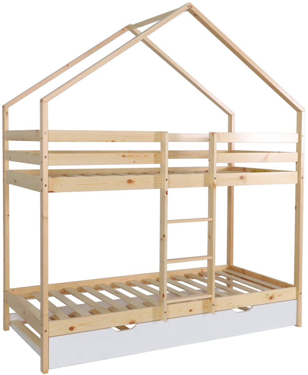 sweeek Stapelbed voor kinderen hut 90x190 cm met lattenbodem en lade - roya wit