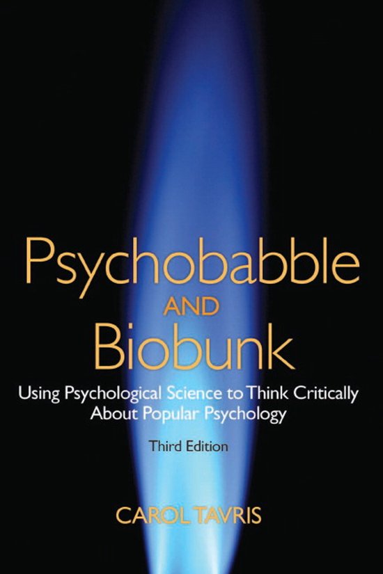 Boek "Psychobabble and Biobunk" met blauwe vlam en gele tekst, derde editie van Carol Tavris.