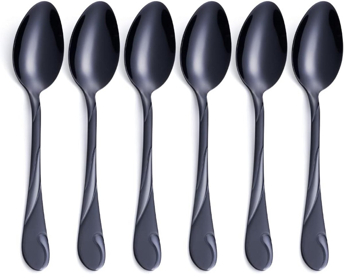 Set van 6 Zwarte Dessertlepels - Glanzend Roestvrij Staal - Koffie- en Espressolepels