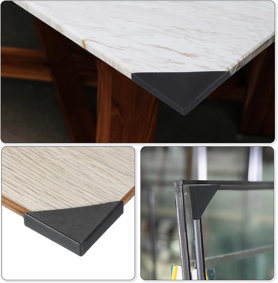 Montage van zwarte hoekbeschermers op een marmeren tafel, houten tafel en glazen tafel.