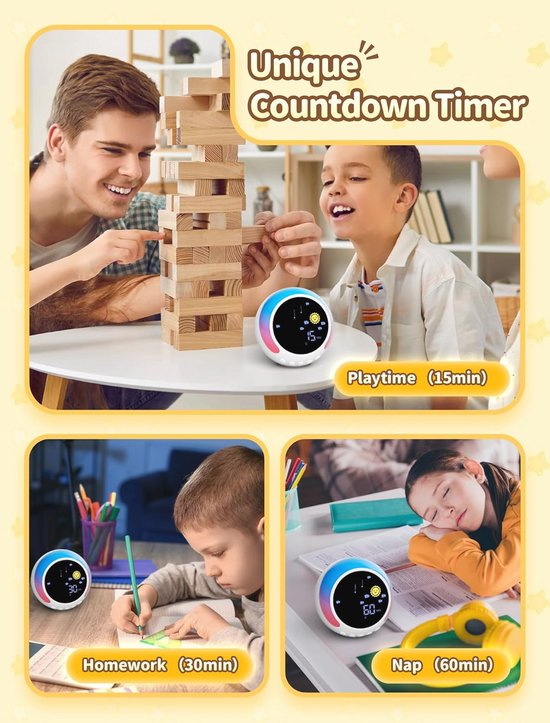 Kinderwekker voor Schoolbeginners met Bluetooth, Witte Ruis en Nachtlampje — afbeelding 2