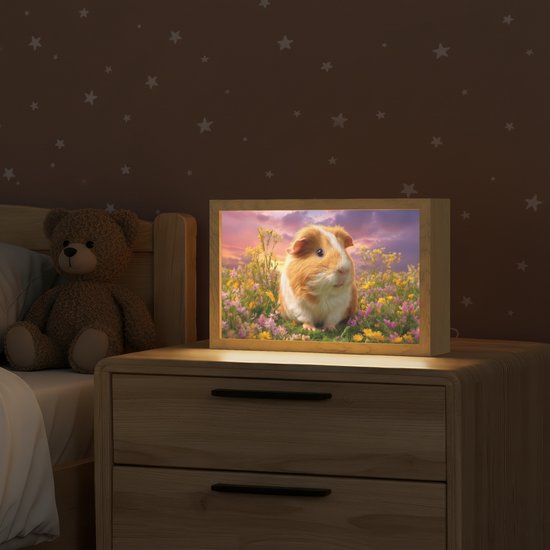 Nachtlampje 30x20 cm - Kinder lampje - Cavia - Kleurrijk - Bloemen - Tafellamp kinderkamer - Slaapkamer lamp - Bedlamp kinderen - Kinderlampje stopcontact - Wandlamp babykamer - Nachtlampjes van Merkloos — afbeelding 2