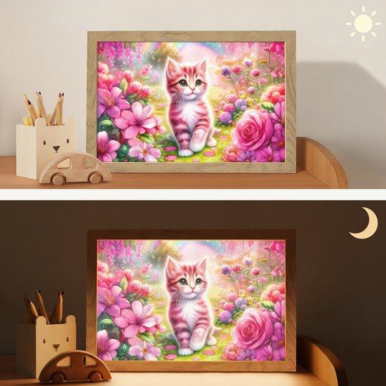 Nachtlampje 30x20 cm - Kinder lampje - Kitten - Roze - Kat - Regenboog - Bloemen - Tafellamp kinderkamer - Slaapkamer lamp - Bedlamp kinderen - Kinderlampje stopcontact - Wandlamp babykamer - Nachtlampjes van Merkloos — afbeelding 4