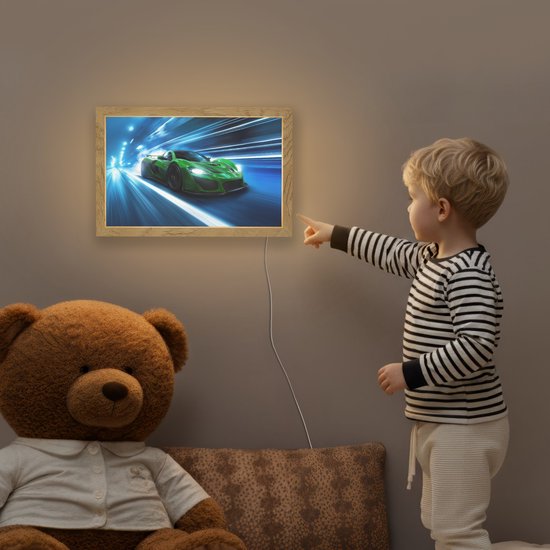 Nachtlampje 30x20 cm - Kinder lamp - Groene racewagen - Blauw - Neon - Licht - Tafellamp kinderkamer - Slaapkamer lamp - Bedlamp kinderen - Kinderlampje stopcontact - Wandlamp babykamer - Nachtlampjes van Merkloos — afbeelding 5
