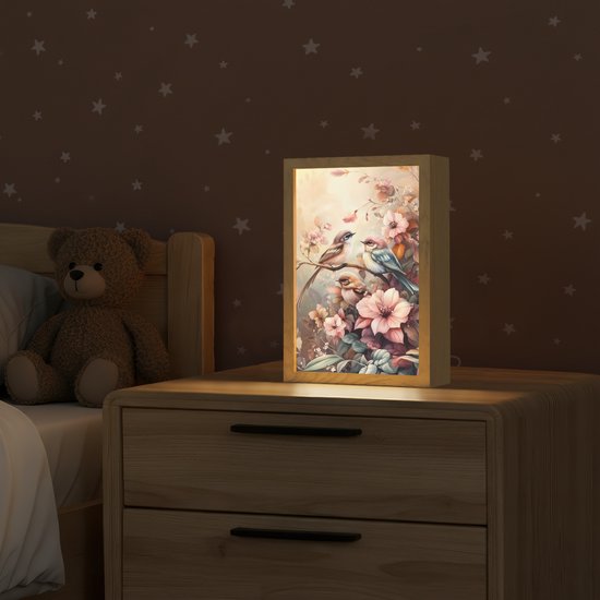 Nachtlampje 20x30 cm - Kinder lamp - Vogels - Bloemen - Roze - Pastel - Tafellamp kinderkamer - Slaapkamer lamp - Bedlamp kinderen - Kinderlampje stopcontact - Wandlamp babykamer - Nachtlampjes van Merkloos — afbeelding 2