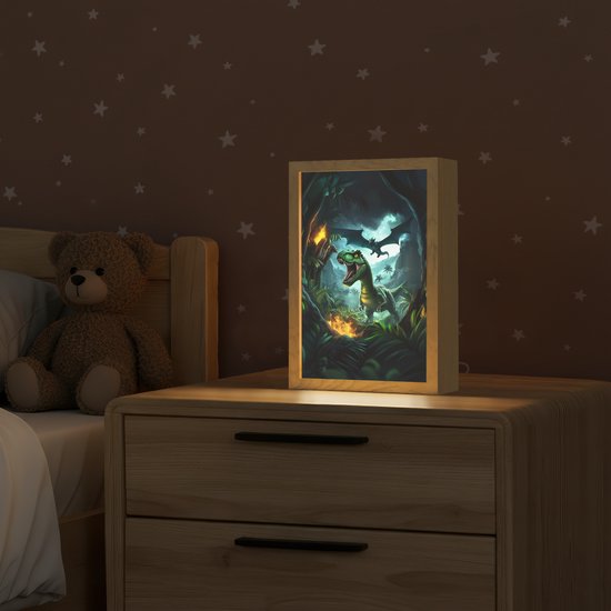 Nachtlampje 20x30 cm - Kinder lamp - Dinosaurus - Draak - Jungle - Groen - Tafellamp kinderkamer - Slaapkamer lamp - Bedlamp kinderen - Kinderlampje stopcontact - Wandlamp babykamer - Nachtlampjes van Merkloos — afbeelding 2