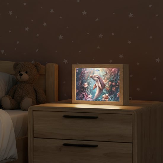 Nachtlampje 20x15 cm - Kinder lampje - Dolfijn - Vissen - Onderwaterwereld - Bloemen - Tafellamp kinderkamer - Slaapkamer lamp - Bedlamp kinderen - Kinderlampje stopcontact - Wandlamp babykamer - Nachtlampjes van OnlyWow — afbeelding 2