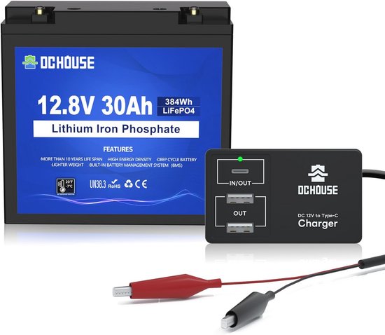 12V 30Ah LiFePO4 Lithium Accu met DC 12V naar Type-C & USB Adapter Converter - Diep Cyclus Accumulator voor RV, Golfkar, Grasmaaier, Zonnepaneel, Kids Car, Kamperen