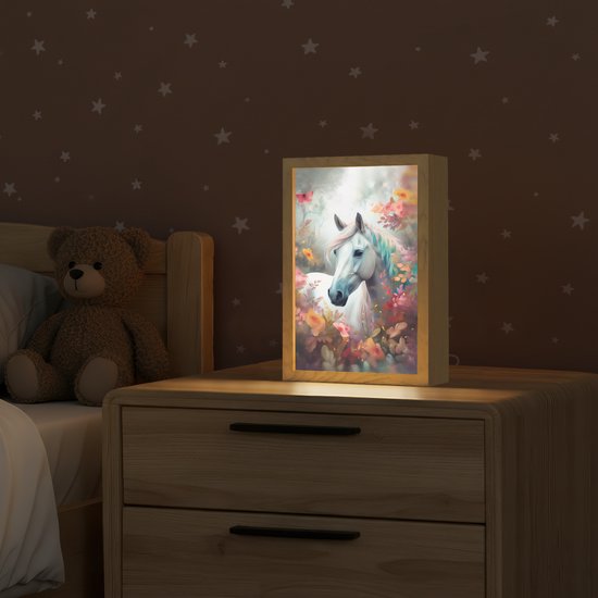 Nachtlampje 20x30 cm - Kinder lampje - Paard - Natuur - Bloemen - Dieren - Bos - Tafellamp kinderkamer - Slaapkamer lamp - Bedlamp kinderen - Kinderlampje stopcontact - Wandlamp babykamer - Nachtlampjes van OnlyWow — afbeelding 2