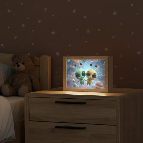 Nachtlampje 20x15 cm - Kinder lampje - Aliens - Ruimte - Planeten - Tafellamp kinderkamer - Slaapkamer lamp - Bedlamp kinderen - Kinderlampje stopcontact - Wandlamp babykamer - Nachtlampjes van Merkloos — afbeelding 2