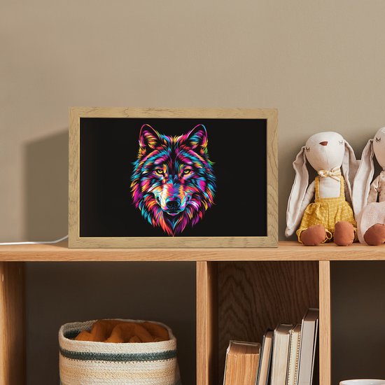 Nachtlampje 30x20 cm - Kinder lampje - Wolf - Kleurrijk - Zwart - Dieren - Neon - Tafellamp kinderkamer - Slaapkamer lamp - Bedlamp kinderen - Kinderlampje stopcontact - Wandlamp babykamer - Nachtlampjes van Merkloos — afbeelding 3
