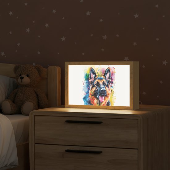 Nachtlampje 30x20 cm - Kinder lampje - Hond - Verf - Dieren - Kleurrijk - Duitse Herder - Tafellamp kinderkamer - Slaapkamer lamp - Bedlamp kinderen - Kinderlampje stopcontact - Wandlamp babykamer - Nachtlampjes van Merkloos — afbeelding 2