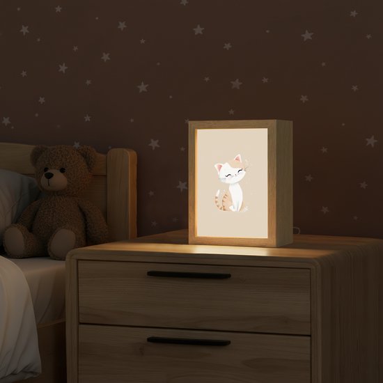 Nachtlampje 15x20 cm - Kinder lampje - Kat - Kitten - Beige - Tafellamp kinderkamer - Slaapkamer lamp - Bedlamp kinderen - Kinderlampje stopcontact - Wandlamp babykamer - Nachtlampjes van OnlyWow — afbeelding 2