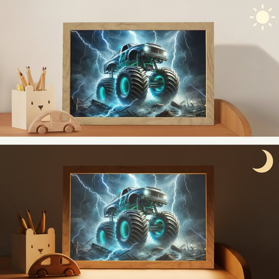 Nachtlampje 30x20 cm - Kinder lampje - Monstertruck - Bliksem - Blauw - Jongens - Auto - Tafellamp kinderkamer - Slaapkamer lamp - Bedlamp kinderen - Kinderlampje stopcontact - Wandlamp babykamer - Nachtlampjes van Merkloos — afbeelding 4