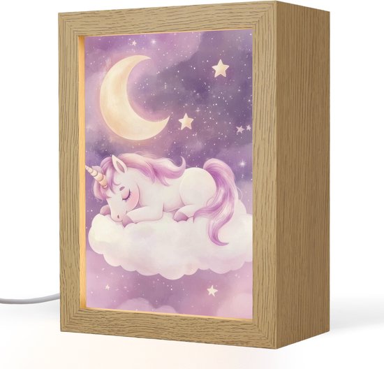 Nachtlampje 15x20 cm - Kinder lampje - Eenhoorn - Paars - Sterrenhemel - Maan - Tafellamp kinderkamer - Slaapkamer lamp - Bedlamp kinderen - Kinderlampje stopcontact - Wandlamp babykamer - Nachtlampjes