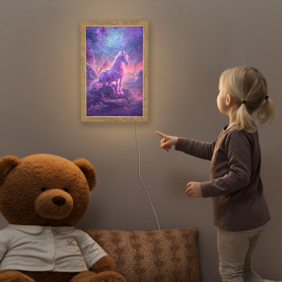 Nachtlampje 20x30 cm - Kinder lampje - Eenhoorn - Fantasy - Kasteel - Meisje - Paars - Roze - Tafellamp kinderkamer - Slaapkamer lamp - Bedlamp kinderen - Kinderlampje stopcontact - Wandlamp babykamer - Nachtlampjes van Merkloos — afbeelding 5