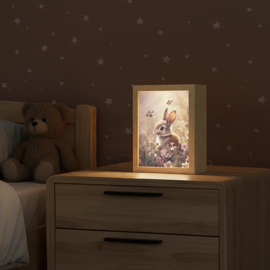 Nachtlampje 15x20 cm - Kinder lamp - Konijntje - Bruin - Bloemen - Vlinders - Tafellamp kinderkamer - Slaapkamer lamp - Bedlamp kinderen - Kinderlampje stopcontact - Wandlamp babykamer - Nachtlampjes van Merkloos — afbeelding 2