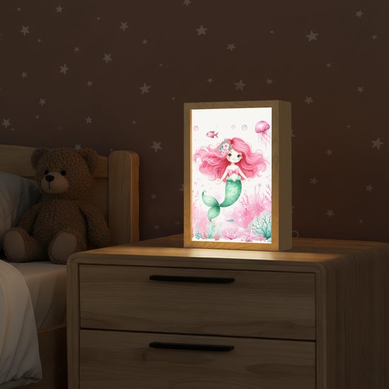 Nachtlampje 20x30 cm - Kinder lampje - Zeemeermin - Roze - Zeedieren - Onderwater - Tafellamp kinderkamer - Slaapkamer lamp - Bedlamp kinderen - Kinderlampje stopcontact - Wandlamp babykamer - Nachtlampjes van OnlyWow — afbeelding 2