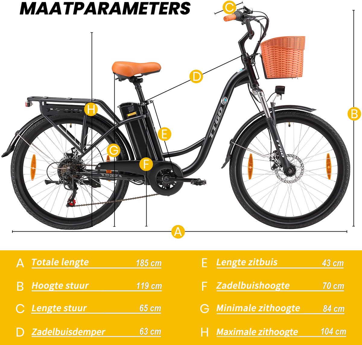 Elektrische Fiets TTGO YY-26ST Zwart- 522Wh/15Ah Accu - 75 km Bereik - 250W Motor - Instap Frame - 26 Inch Wielen -Verende voorvork- Shimano 6 Versnellingen - LCD Display - Stadsfiets voor Dames en Heren thumbnail 7