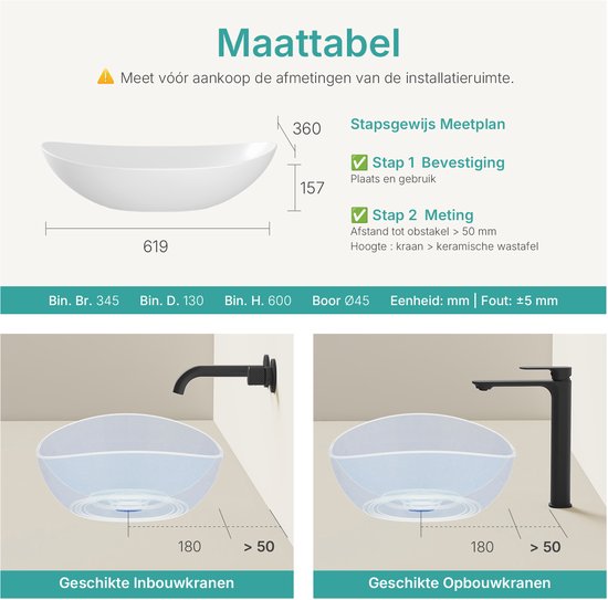 EMKE Vasque à Poser Ovale - Céramique - Wit Brillant - 61,5x36x15 cm - Lavabo de Salle de Bain