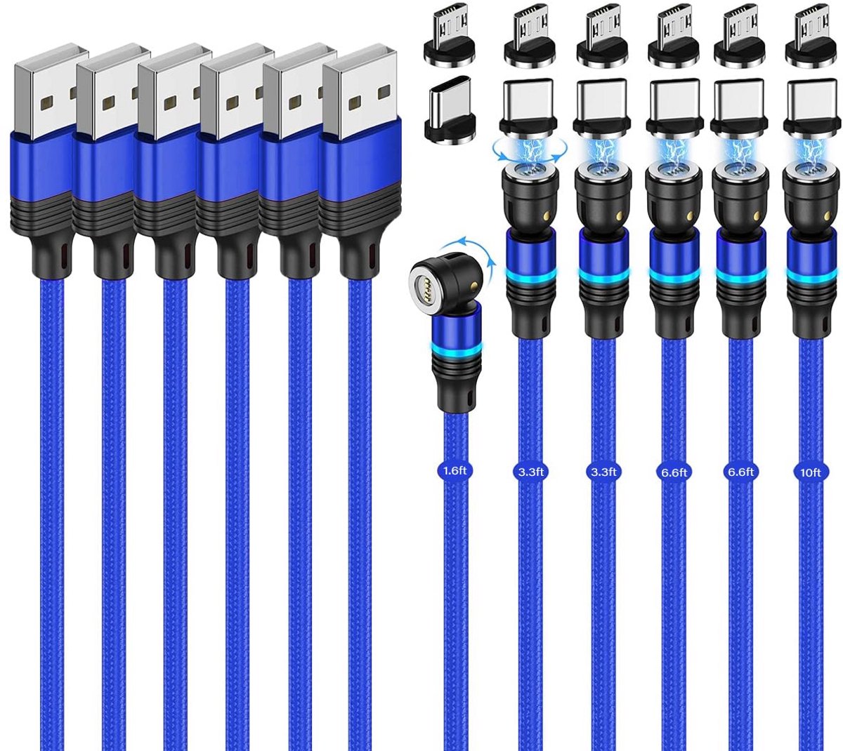 Set van 6 Magnetische Oplaadkabels - USB C, Micro USB & Type C Adapters - 3A Snel Opladen - Draaibaar