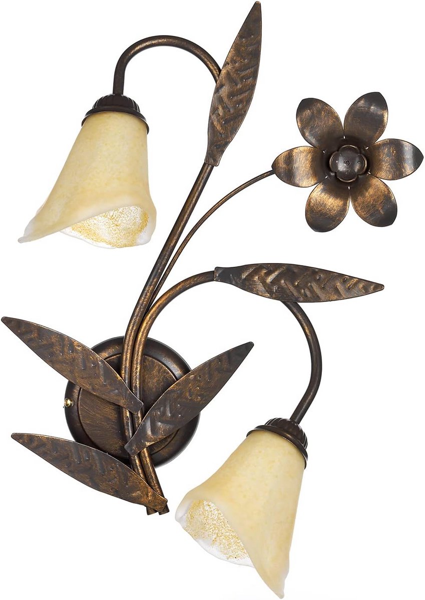 Wandlamp Twee Lichten Metaal Goud en Glas Bloemmotief