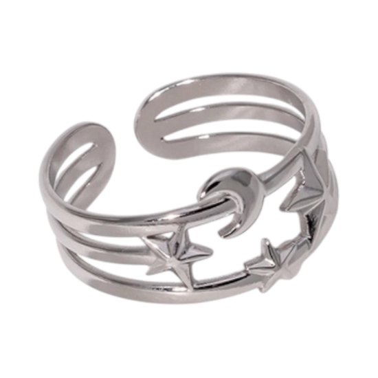 Verstelbare zilverkleurige ring met drie banden en een open uiteinde, versierd met uitgesneden sterren en een halve maan.