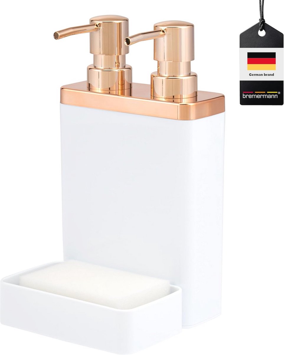 Sponshouder met Dispenser voor Vaatwasmiddel en Afvoergarnituur in Wit/Roze Goud