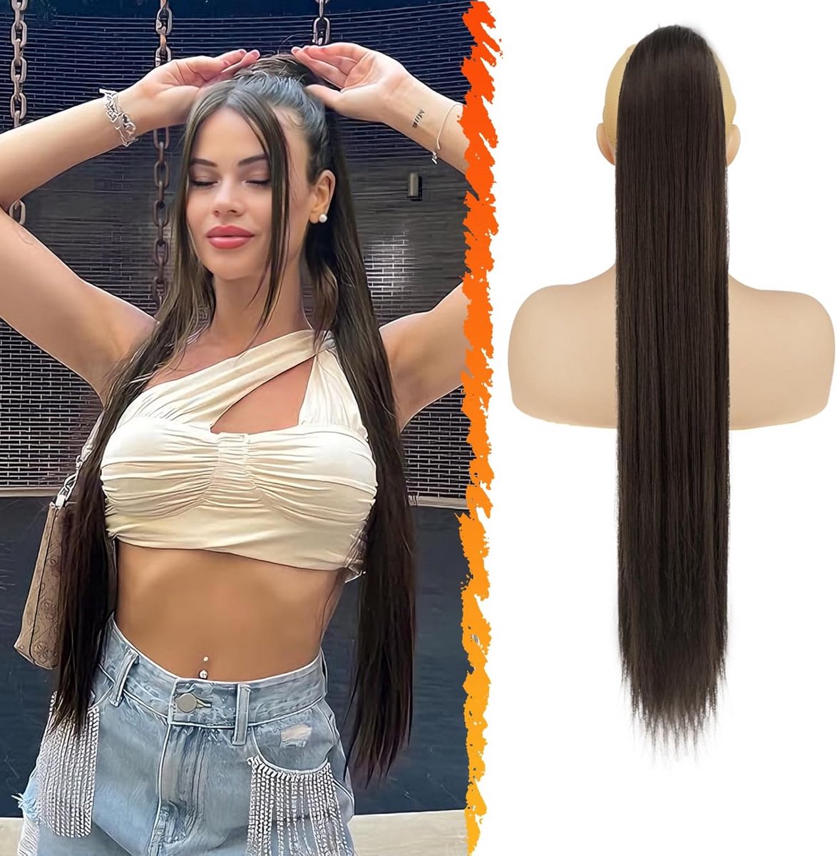 Lange Steile Paardenstaart Clip-in Extensions - 76cm Synthetisch Donkerbruin Haarstuk