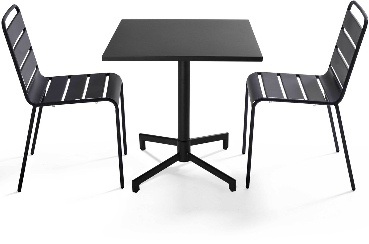 Oviala - Set van 70 cm tafel en 2 metalen tuinstoelen - Antracietgrijs - Palavas