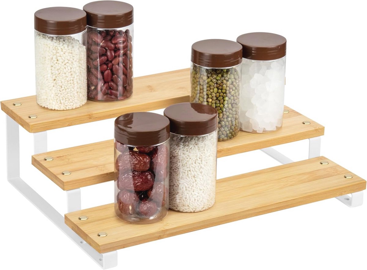 Kruidenorganizer 3-laags voor Keuken - Bamboe en Metaal, Ideaal voor Planken en Kasten