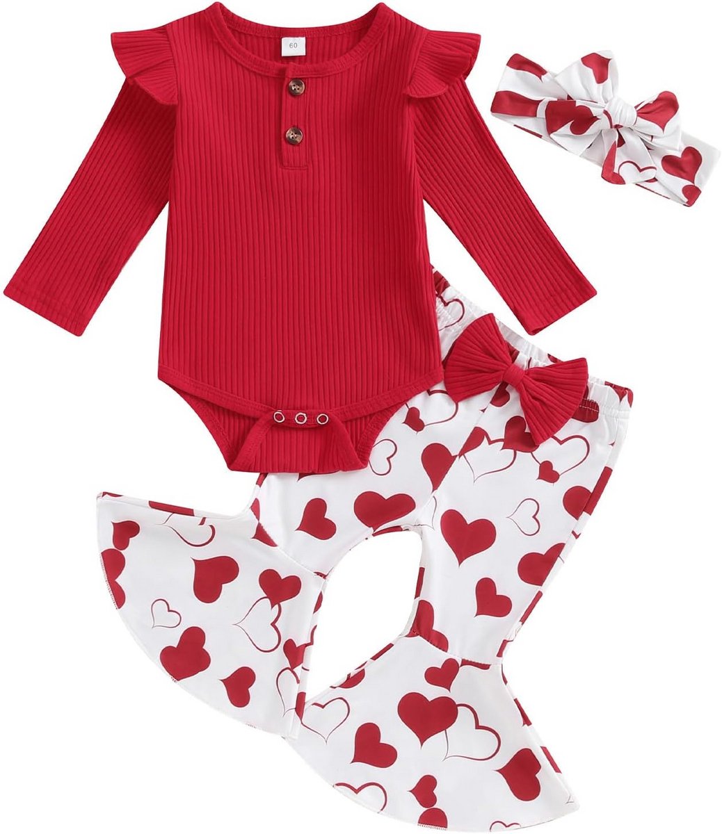 Schattige Romper Set voor Pasgeboren Meisjes met Strik en Hartjesprint - 3-6 Maanden
