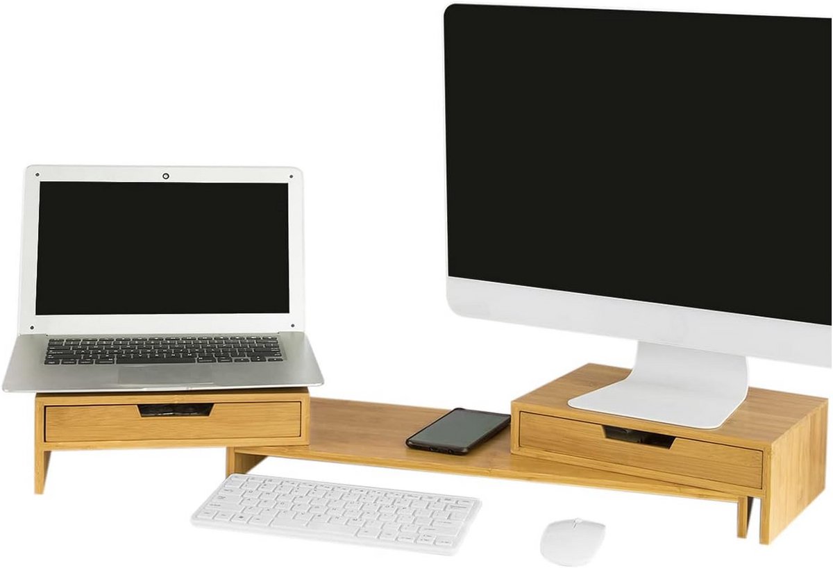 Verstelbare Bamboe Monitorstandaard met Lades voor Twee Monitoren