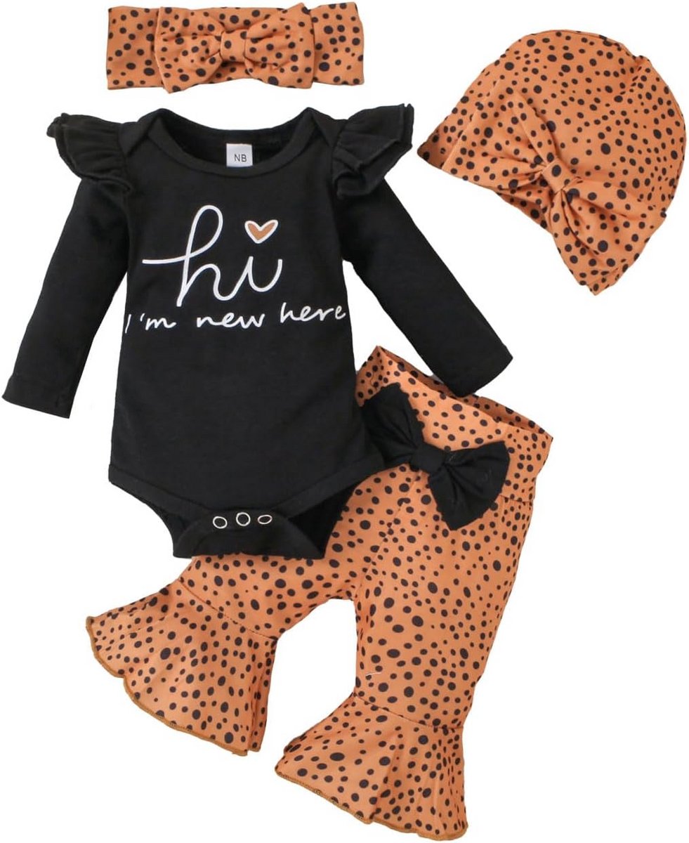 Schattige 4-delige Babykleding Set voor Meisjes: Romper, Broek, Hoed en Hoofdband